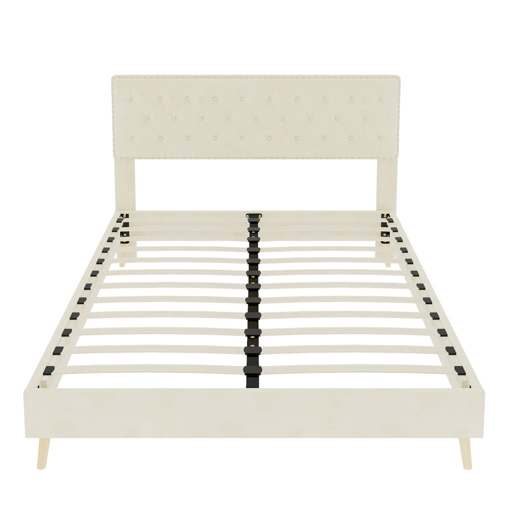 Letto imbottito ULEVR 140x200 cm in velluto beige con testiera alta e materasso incluso