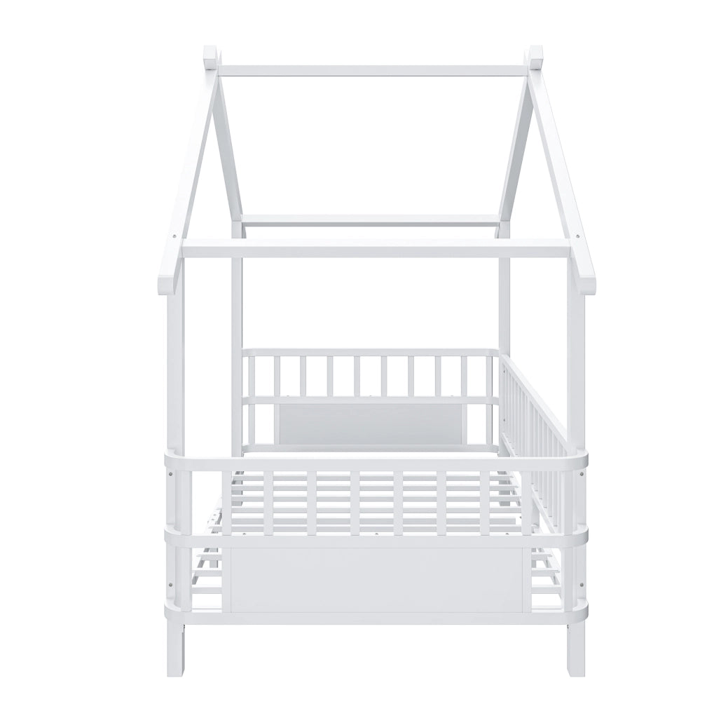 Letto per bambini 90x200 cm con barriera di sicurezza e struttura a casetta in metallo bianco