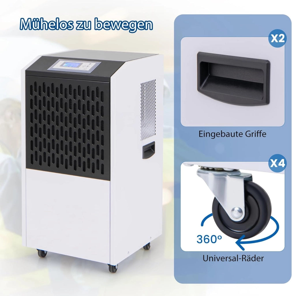 Deumidificatore Elettrico 118L/Giorno, Deumidificatore Professionale Industriale con Ruote, Tubo di Scarico, Timer 24 Ore, Filtro Rimovibile Lavabile, per Cantine, Magazzini, Scantinati (Bianco)