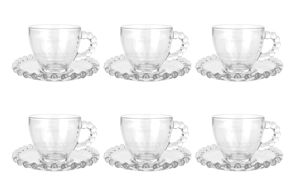 Set 6 Tazzine Da Tè Cappuccino In Vetro Con Piattino Eleganti 210 ML Lavabili In Lavastoviglie Trasparenti Certificate Contatto Alimentare In Elegante Confezione Regalo Ricamate Colazione
