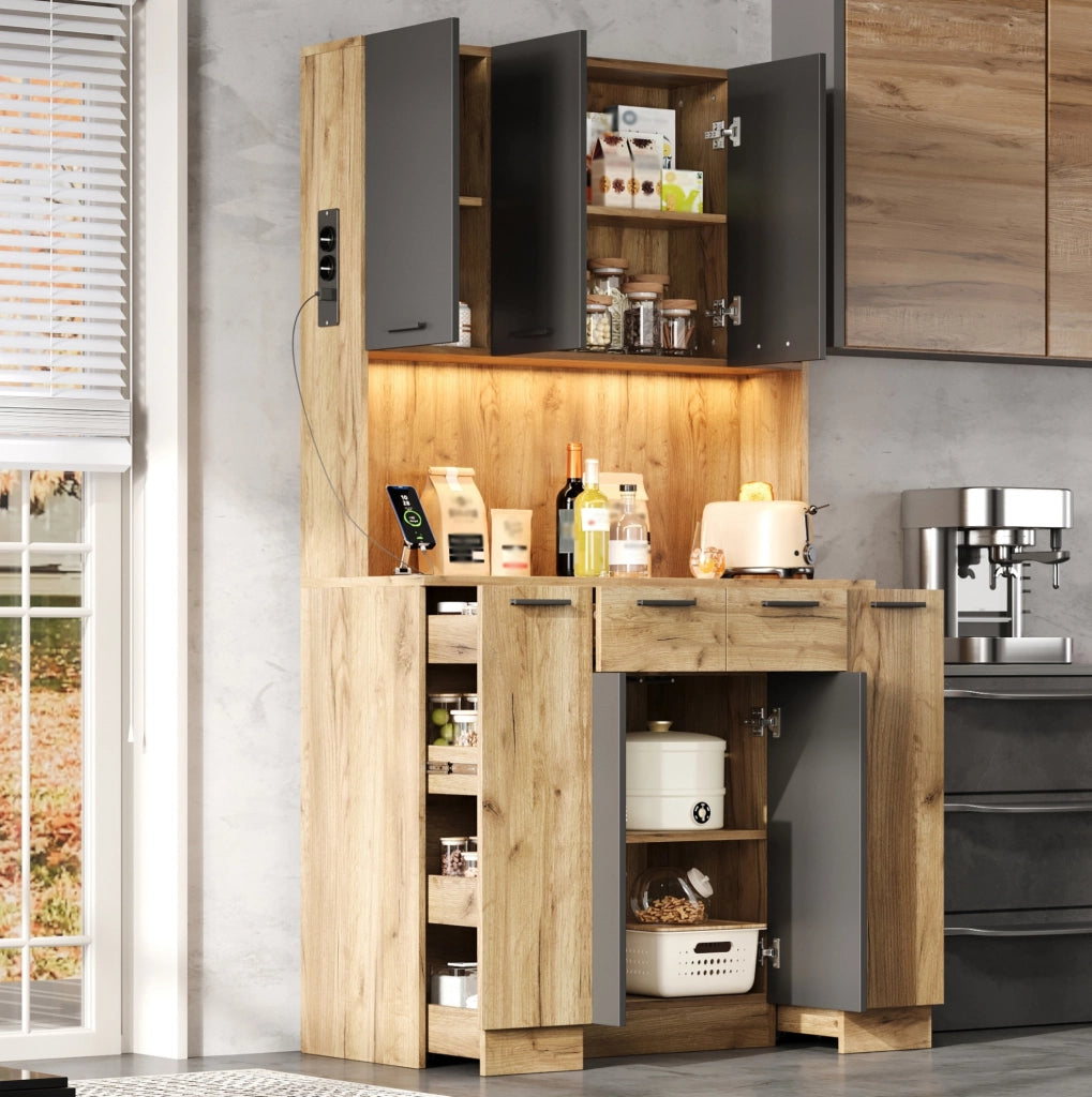 Credenza alta da cucina con LED RGB, prese e ripiani estraibili