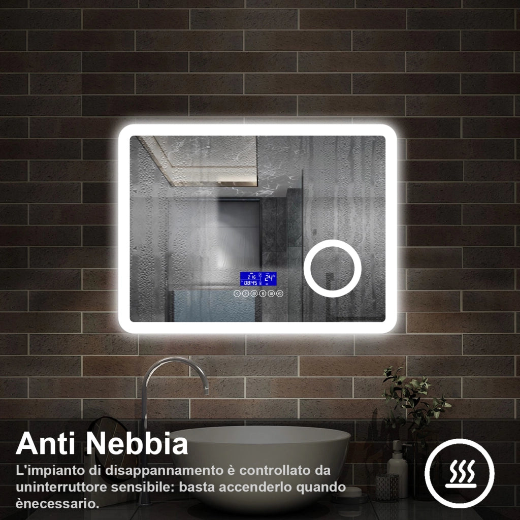 specchio rettangolare 80x60 cm con luce dimmerabile a 3 colori, bluetooth, antiappannamento e ingranditore 3x