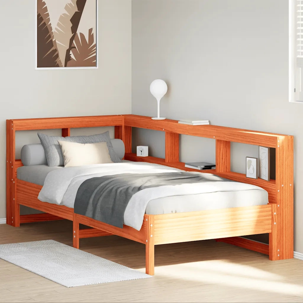 Letto Libreria senza Materasso-Struttura Letto con contenitore Marrone Cera 90x200 cm in Pino 505392