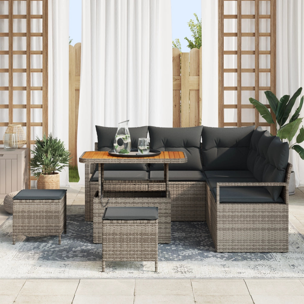 Set divani giardino 8 pezzi con cuscini grigi polyrattan acacia
