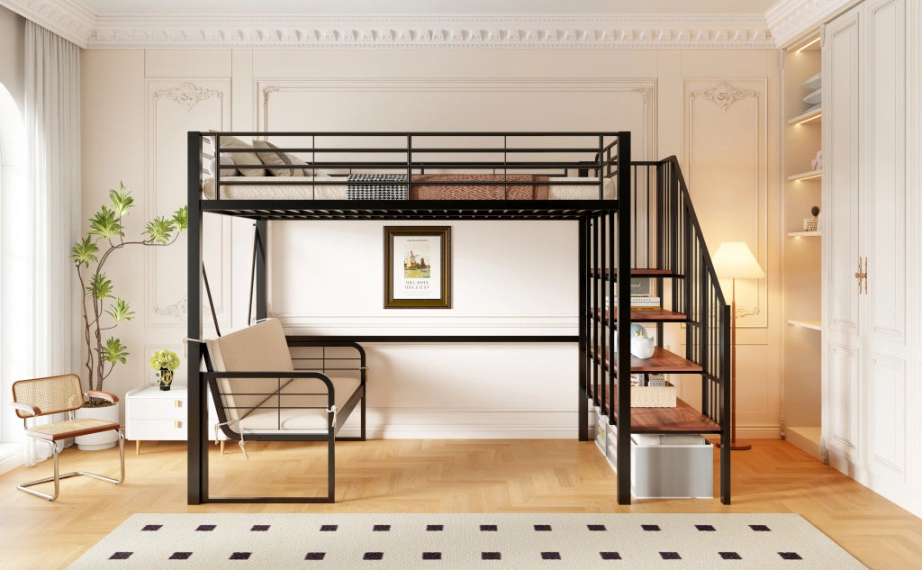DESMIU Letto a castello 140 × 200 cm 3 posti con divano sfoderabile, scala contenitore, senza materasso, in metallo, nero
