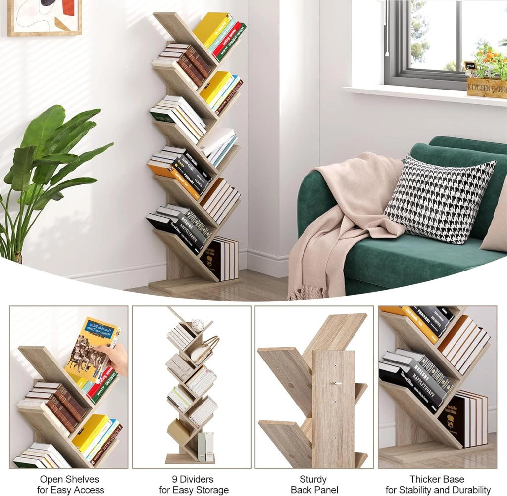 Libreria ad Albero Moderna Scaffale Salvaspazio a 9 Ripiani in Legno Porta Libri per Soggiorno Camera Studio Legno Chiaro, 40x20x127cm