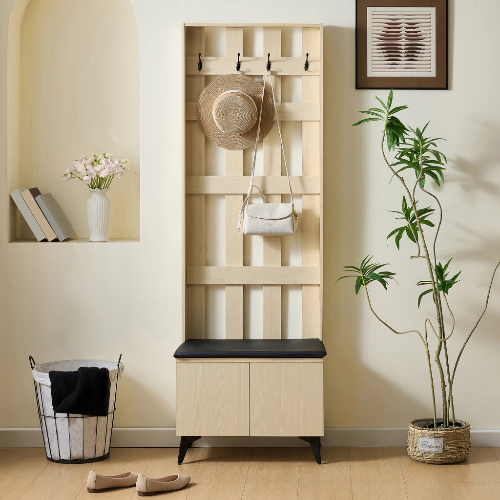 Mobili da ingresso con panca e 4 ganci, vani contenitore, in MDF effetto legno, stile moderno, per ingresso, 60 × 35 × 179,5 cm