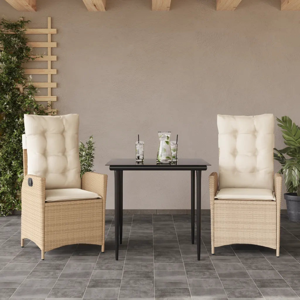 Set da Pranzo da Giardino 3 pz con Cuscini Beige in Polyrattan