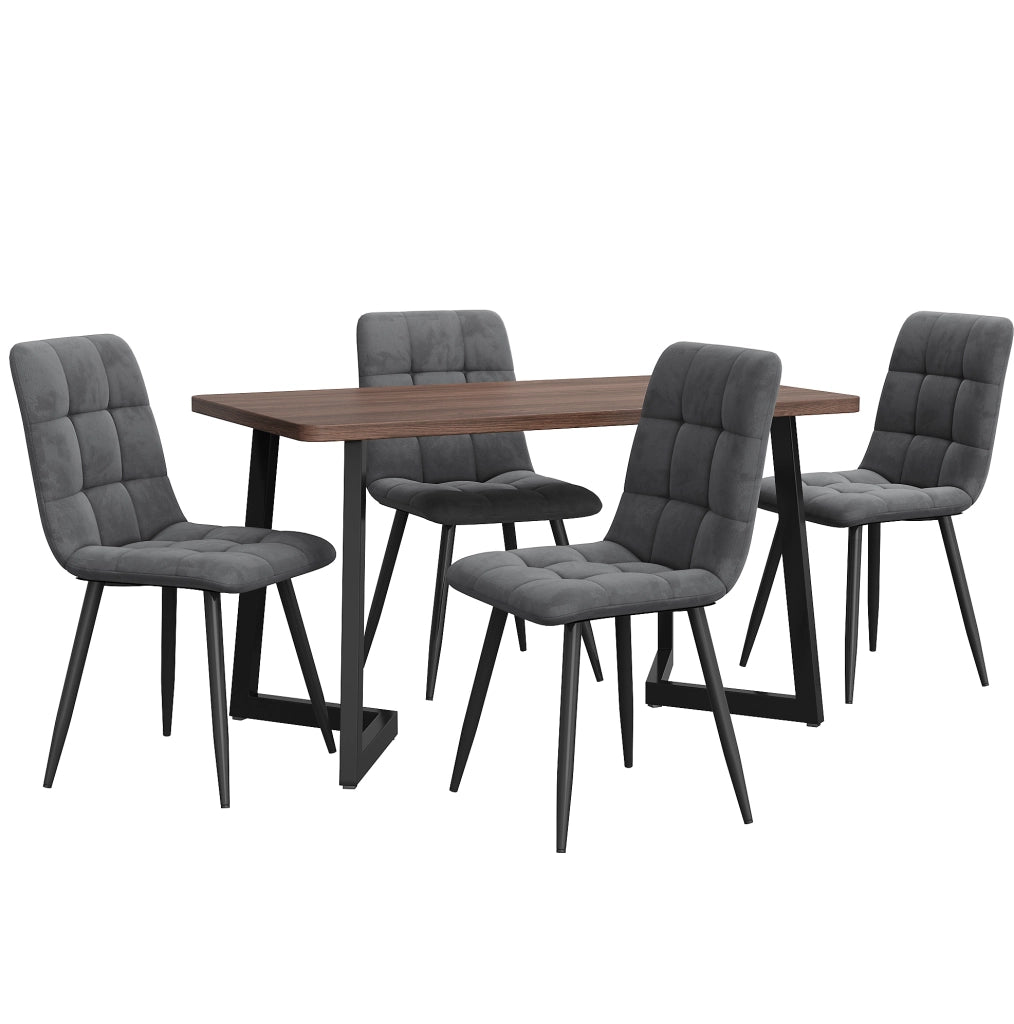 Set pranzo 5 pezzi noce e grigio scuro con tavolo MDF e 4 sedie in velluto