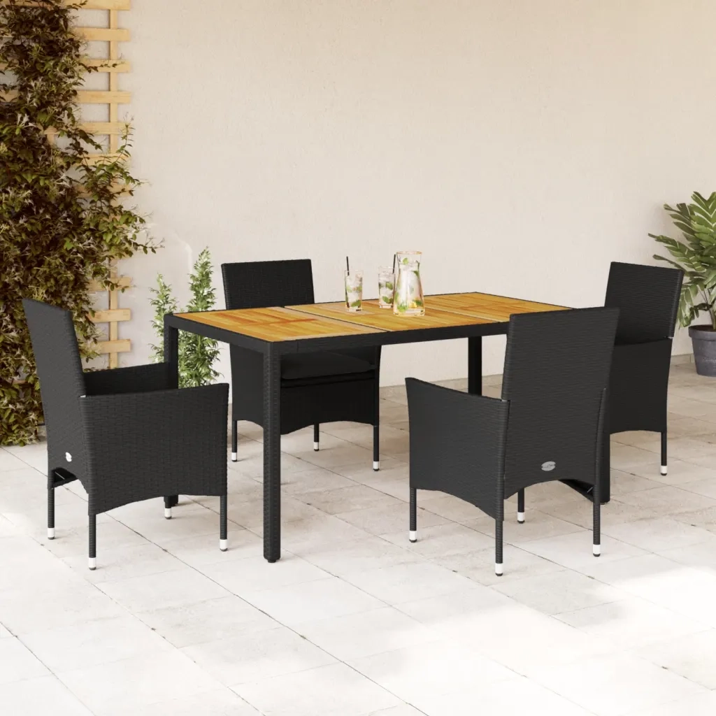 Set Pranzo da Giardino 5 pz con Cuscini Nero Polyrattan Acacia