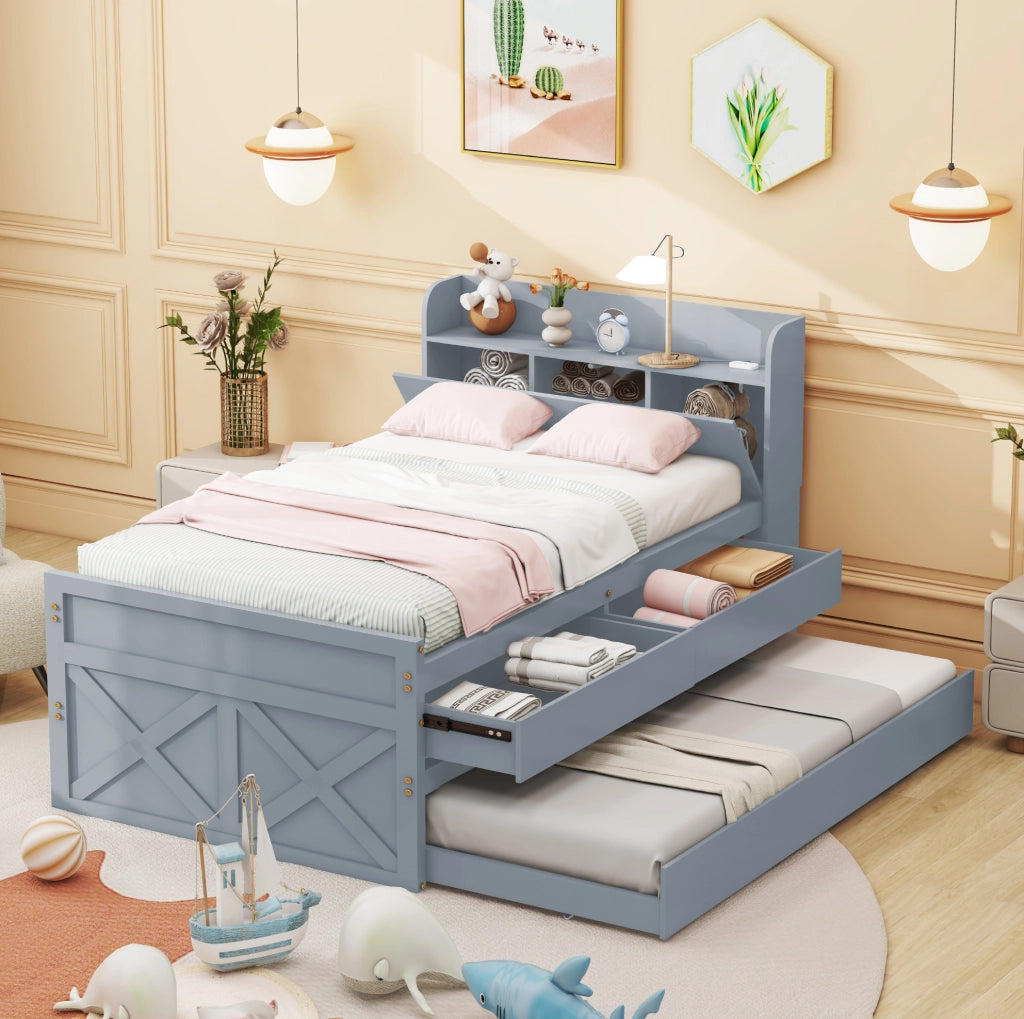 Letto 90x190 cm con letto estraibile, 2 cassetti e comodino USB in legno massello grigio