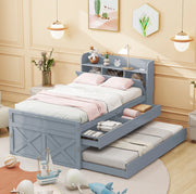 Letto 90x190 cm con letto estraibile, 2 cassetti e comodino USB in legno massello grigio