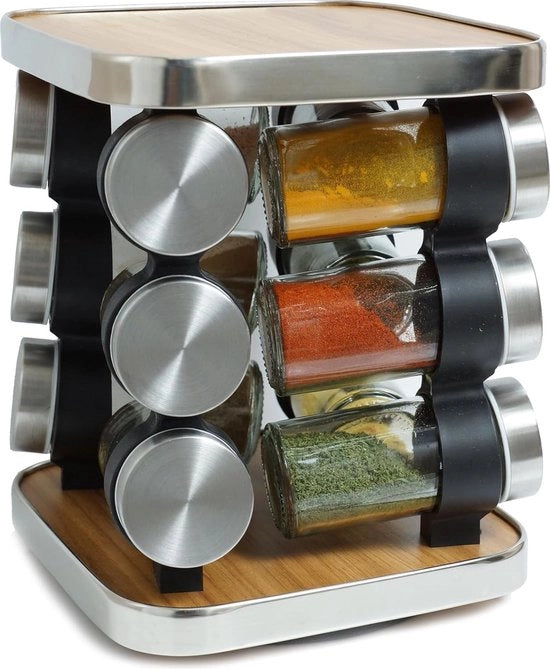 Kruidencarrousel a 4 facce con 12 contenitori per erbe, carrousel girevole a 360° in acciaio inox e legno, coperchio in acciaio inox di alta qualità, contenitori per erbe, shaker per erbe