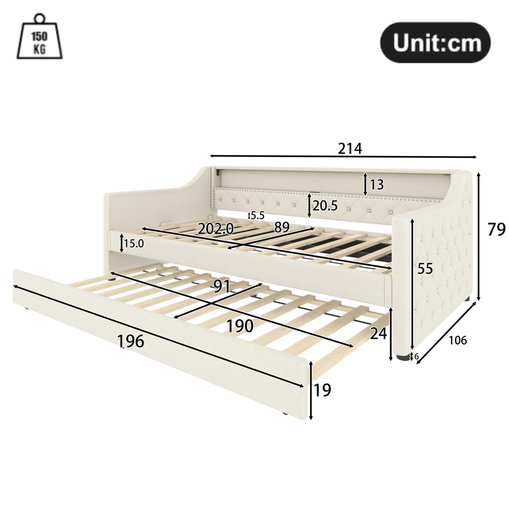 Letto da giorno 90x200 cm con LED; letto estraibile e USB in lino beige