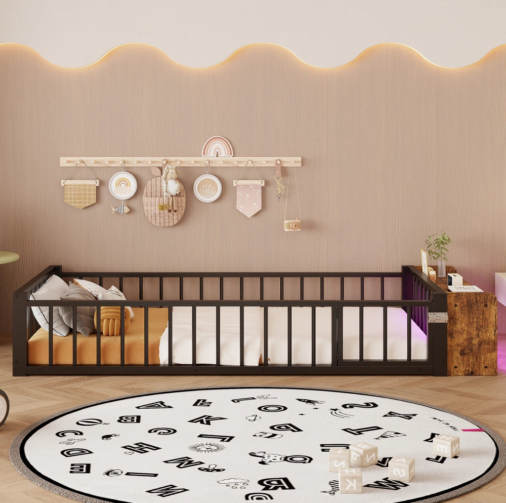 Letto singolo 90x200 cm in metallo e MDF; nero; con sponda di sicurezza; ripiano e LED