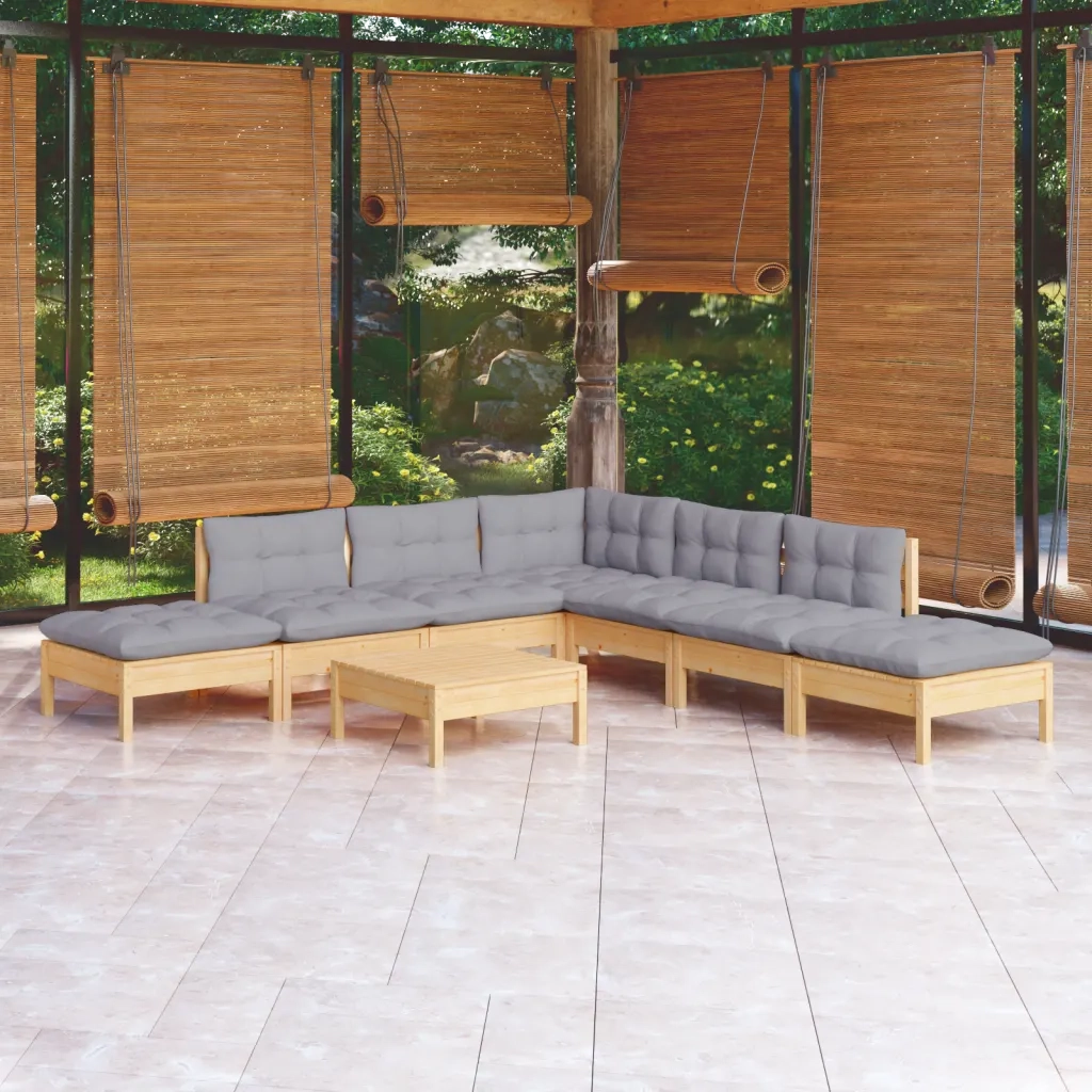 Set Divani da Giardino 8 pz con Cuscini Grigi Massello di Pino 3096327