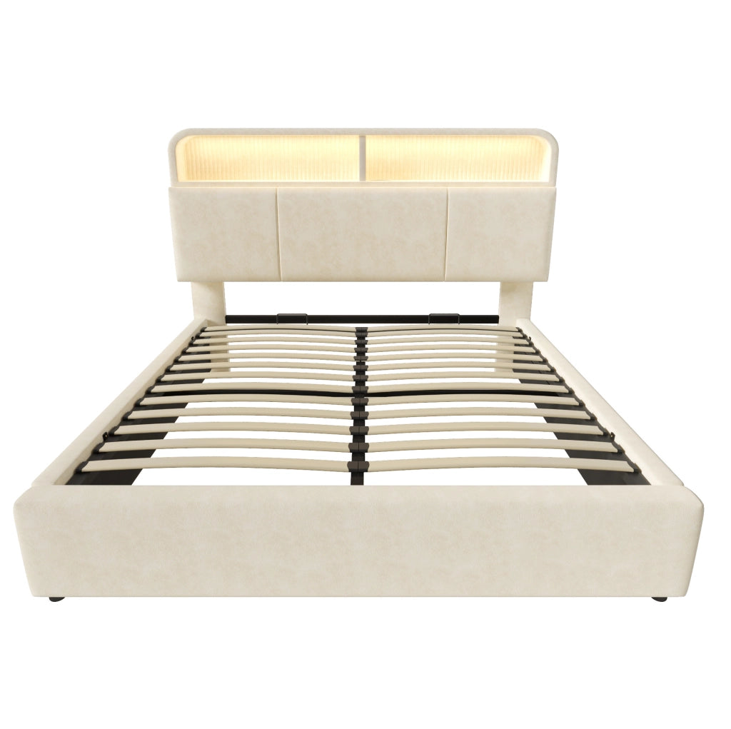 Letto matrimoniale 160x200 cm in velluto beige con testiera regolabile; LED; USB e contenitore