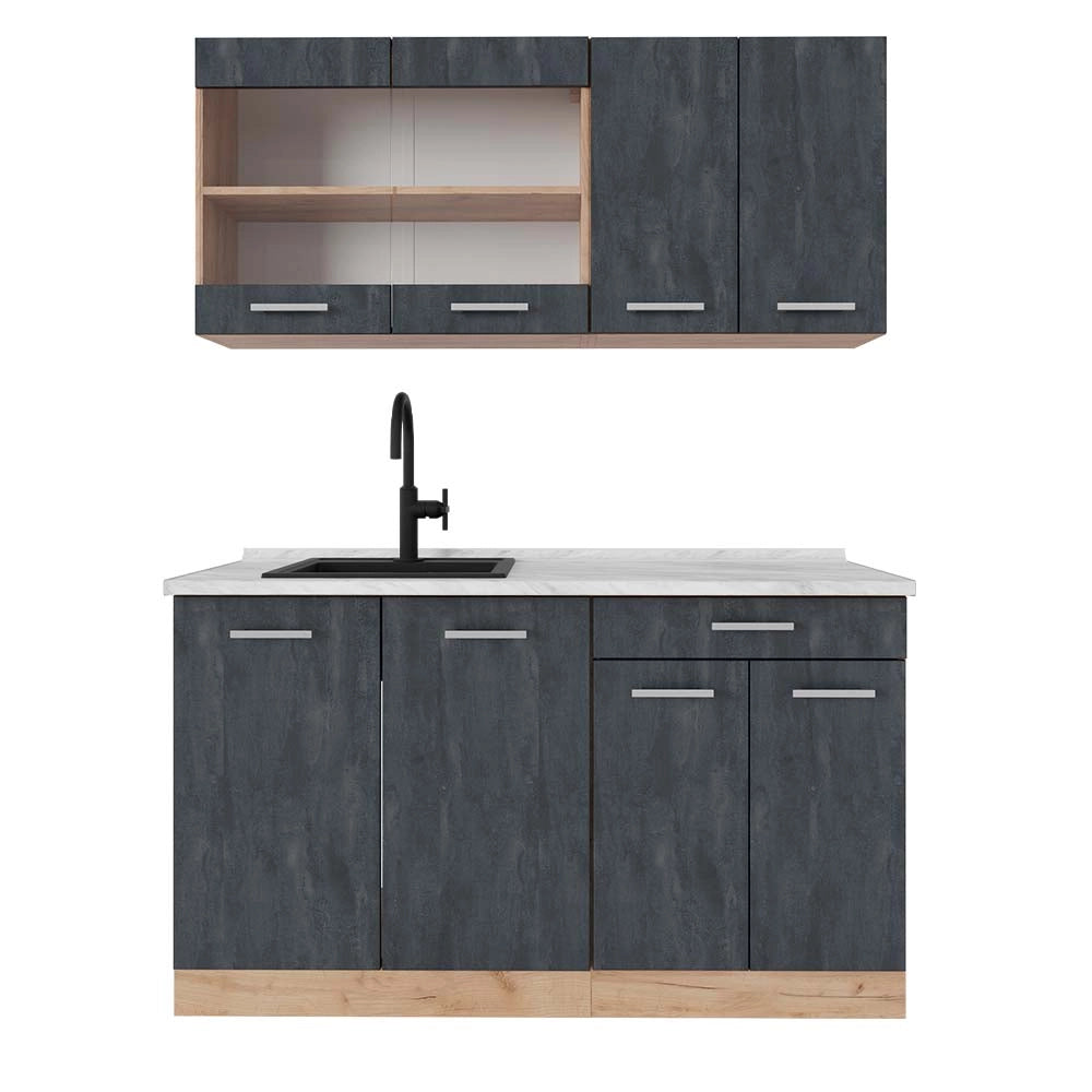 Vicco Cucina monoblocco Calcestruzzo nero/quercia dorata 140 cm PL Marmo