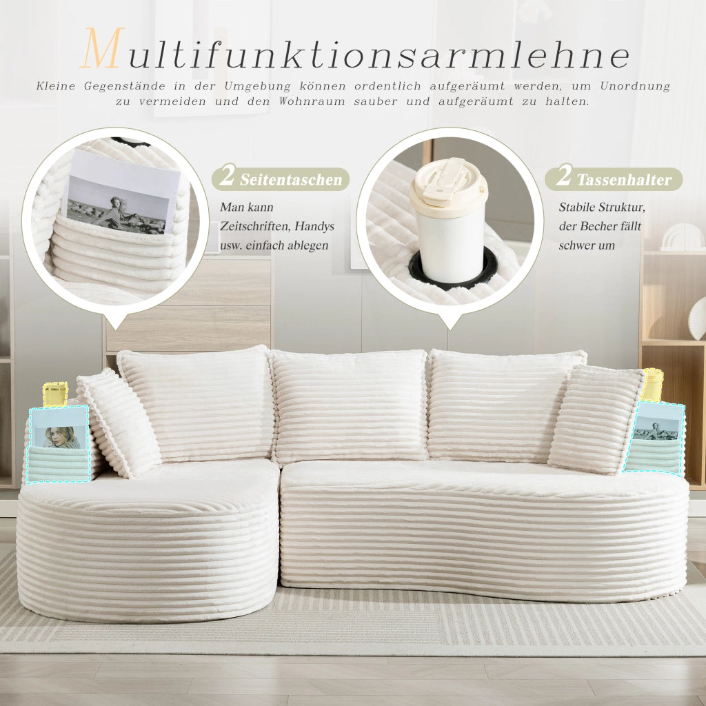 DIVANO ad arco 250x152x82 cm in velluto beige con portabevande e tasca laterale