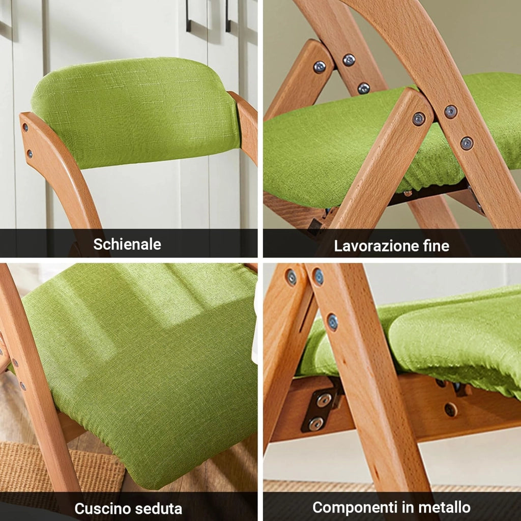 Sedia Pieghevole in Legno – Poltrona Imbottita da Cucina, Sedie da Interno Ufficio, Balcone, Giardino – Sedie Pieghevoli Salvaspazio Richiudibili in Faggio, Verde FST92-GR