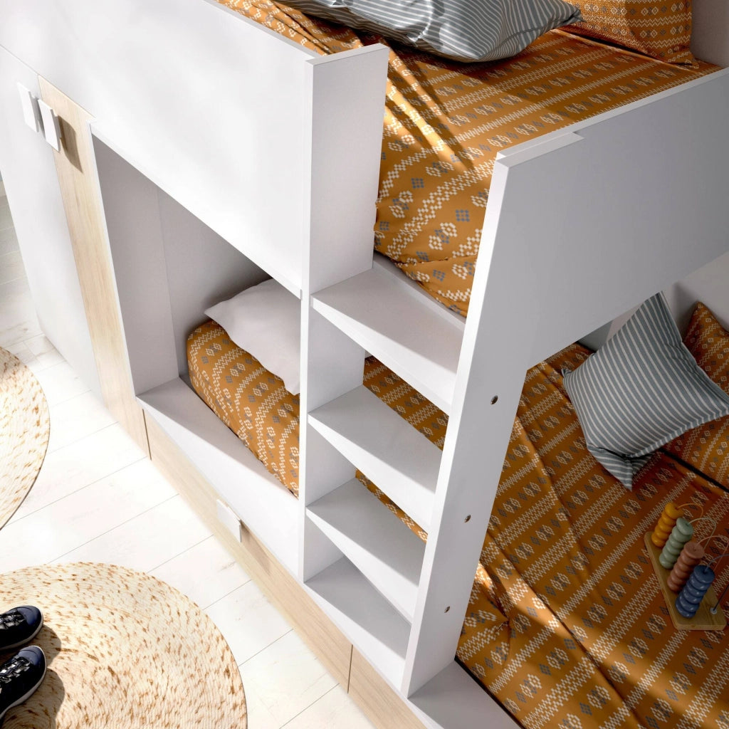 Letto per bambini Acerola, Cameretta completa con armadio e cassetti, Composizione letto a castello con due lettini singoli, 275x108h150 cm, Bianco e Rovere
