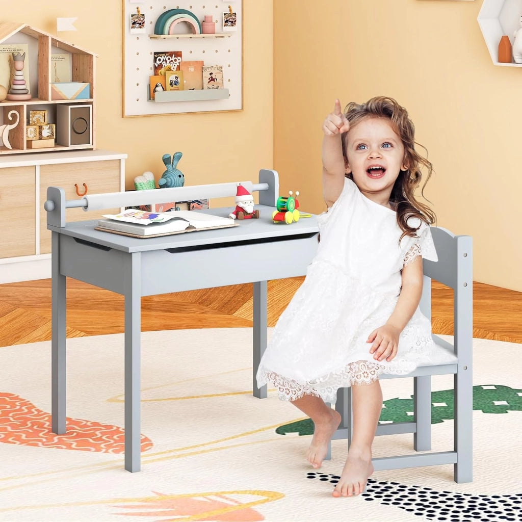 Set Tavolo e Sedia d’Arte per Bambini 3+ Anni, Scrivania in Legno di Pino da Disegno con Portarotolo, Piano Ribaltabile & Vano Portaoggetti, Rotolo di Carta (10m) e 2 Pennarelli (Grigio)