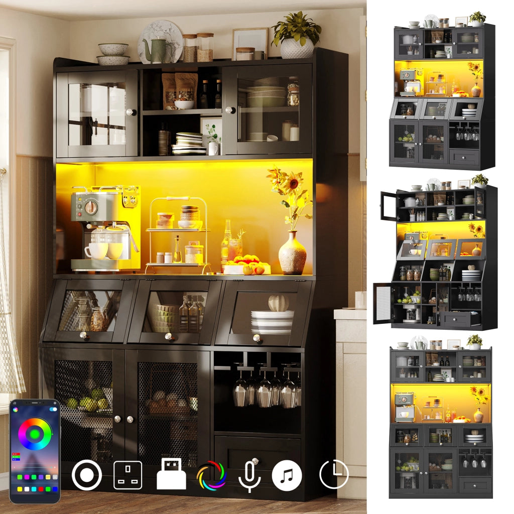Credenza alta da cucina con LED, porta in vetro e ripiani regolabili, USB, in MDF nero, 120 × 40 × 181.7 cm