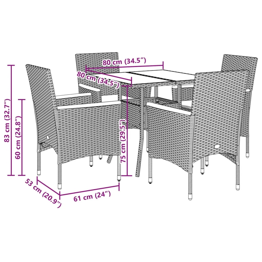 Set da Pranzo da Giardino 5 pz con Cuscini Polyrattan e Vetro 3278706