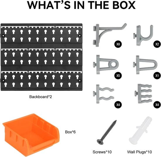 Pannello di stoccaggio, supporto per attrezzi, cassetti ripiegabili, deposito attrezzi, armadio per garage, tavolo di organizzazione, ripiano di parete, officina, 32 pezzi, 644 x 270 mm