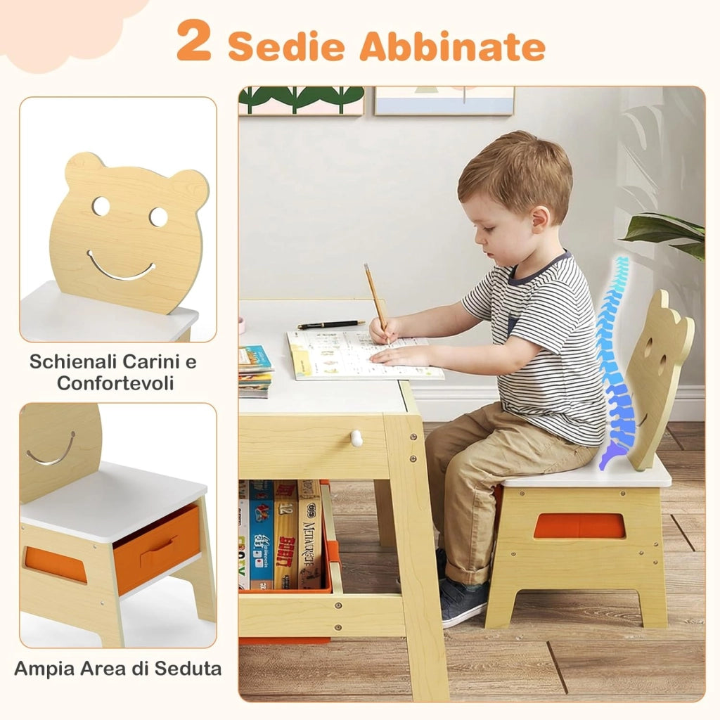 Set Tavolo e 2 Sedie per Bambini, 5 in 1 Tavolino e Sedie con 4 Ganci, 3 Scatole in Tessuto e Lavagna Reversibile per Bambini 3+ Anni per Cameretta Ragazzi (Naturale, Stile 4)