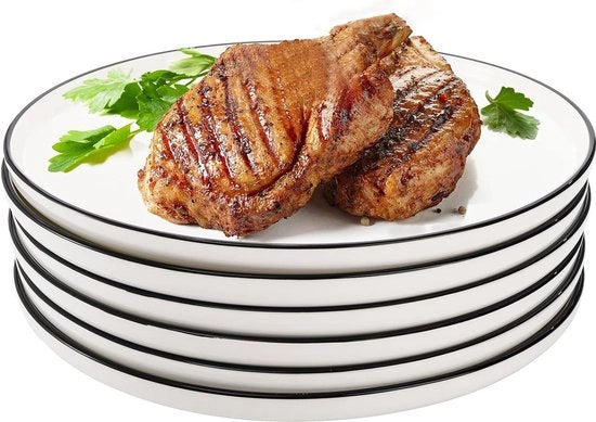 Set di 6 piatti in ceramica da 25 cm, piatti eleganti bianchi con bordi neri, grande set di piatti rotondi per servire pizza, insalata, pasta, lavastoviglie, forno a microonde e congelatore sicuro