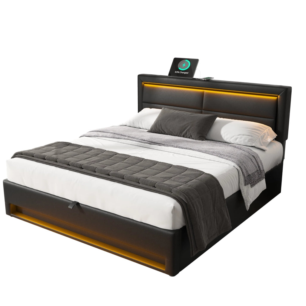OKWISH Letto Contenitore 140×200 cm, Letto Matrimoniale con USB, Ricarica Wireless e LED Regolabile, senza Materasso, in PU Nero