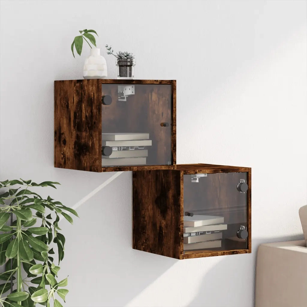 Set di 2 Comodini | Armadio da Notte | Mobiletto da notte con Ante in Vetro Rovere Fumo 35x37x35 cm
