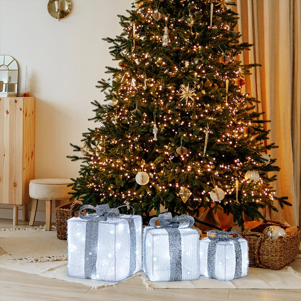 Set 3 Pacchi Regalo Natale Luminosi Bianco Argento LED Decorazione Interno Esterno