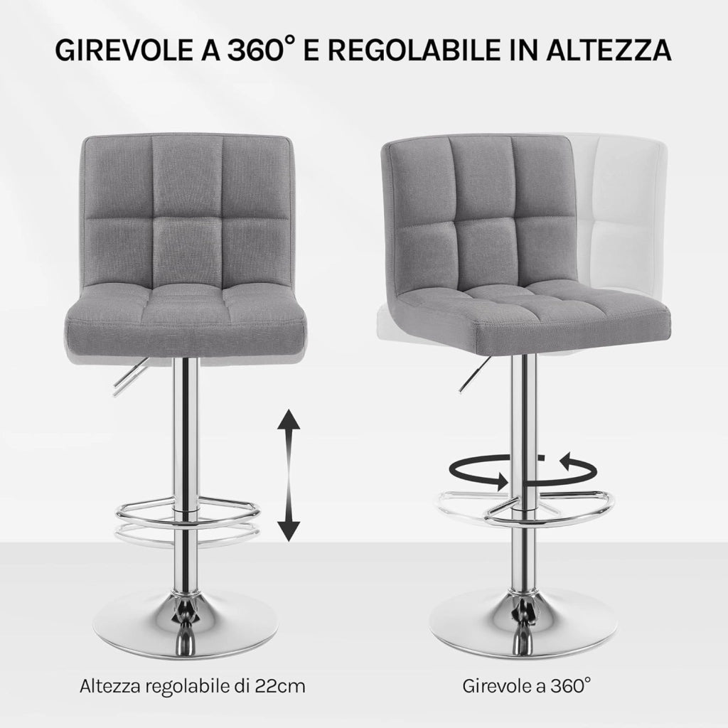 Sgabelli da Bar Tessuto di Lino Sedia Cucina Alta con Schienale Senza Braccioli Girevole, Grigio Chiaro, BH32hgr-4