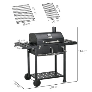 Grill a carbone con coperchio, griglia regolabile, ripiano inferiore e tavolini pieghevoli, nero, acciaio inox