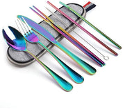 Set da viaggio per la cucina all'aperto, composto da coltello, forchetta, cucchiaio, bastoncini da dessert, spazzola da pulizia, piccolo forchettone, scatola portatile, acciaio inossidabile - 8 pezzi, colorato