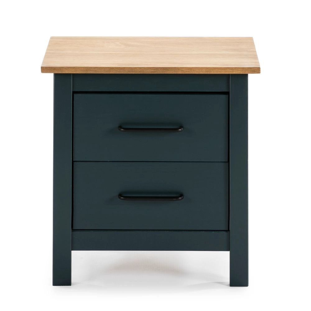 Comodino Miranda blu con top pino e 2 cassetti in legno massiccio
