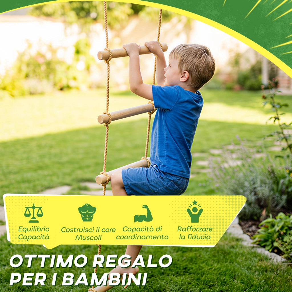 Scaletta per Bambini 3-8 Anni a 5 Pioli con Fibbie e Cinghie in Legno e PE Color Legno