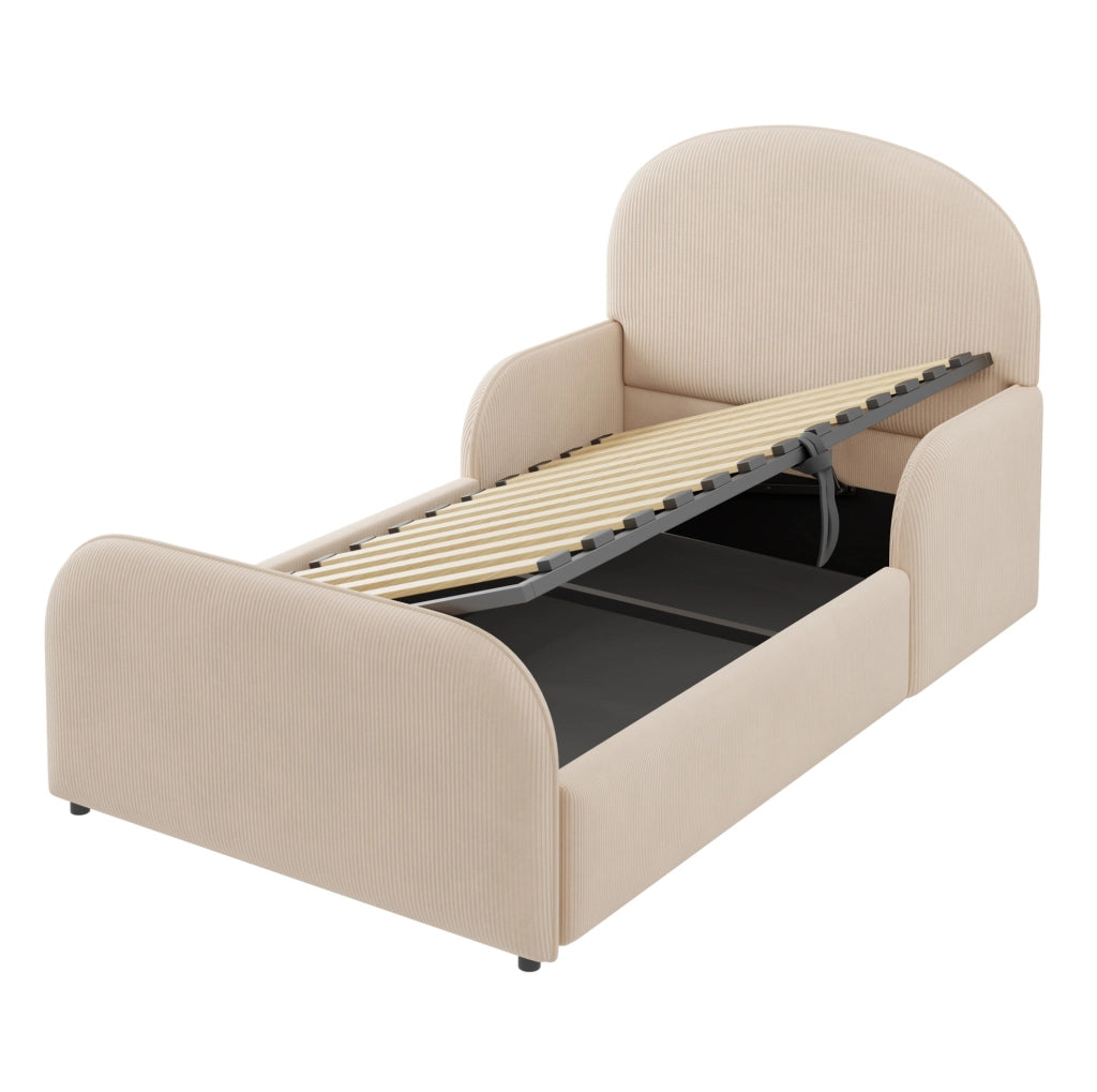 Letto imbottito 90x200 cm con contenitore idraulico; testiera alta in velluto beige
