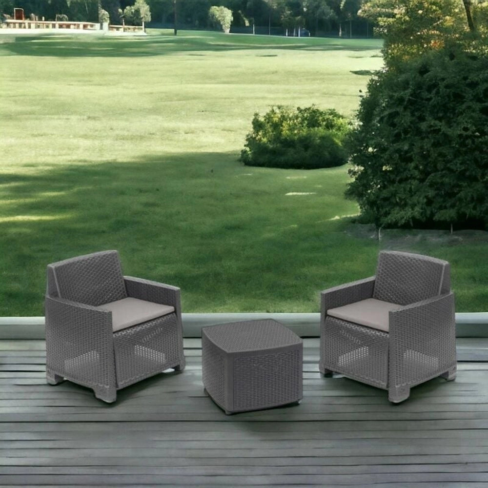 Trade Shop - Set Salotto Esterno Con 2 Poltrone Tavolino Contenitore Effetto Rattan Cuscini Giardino -