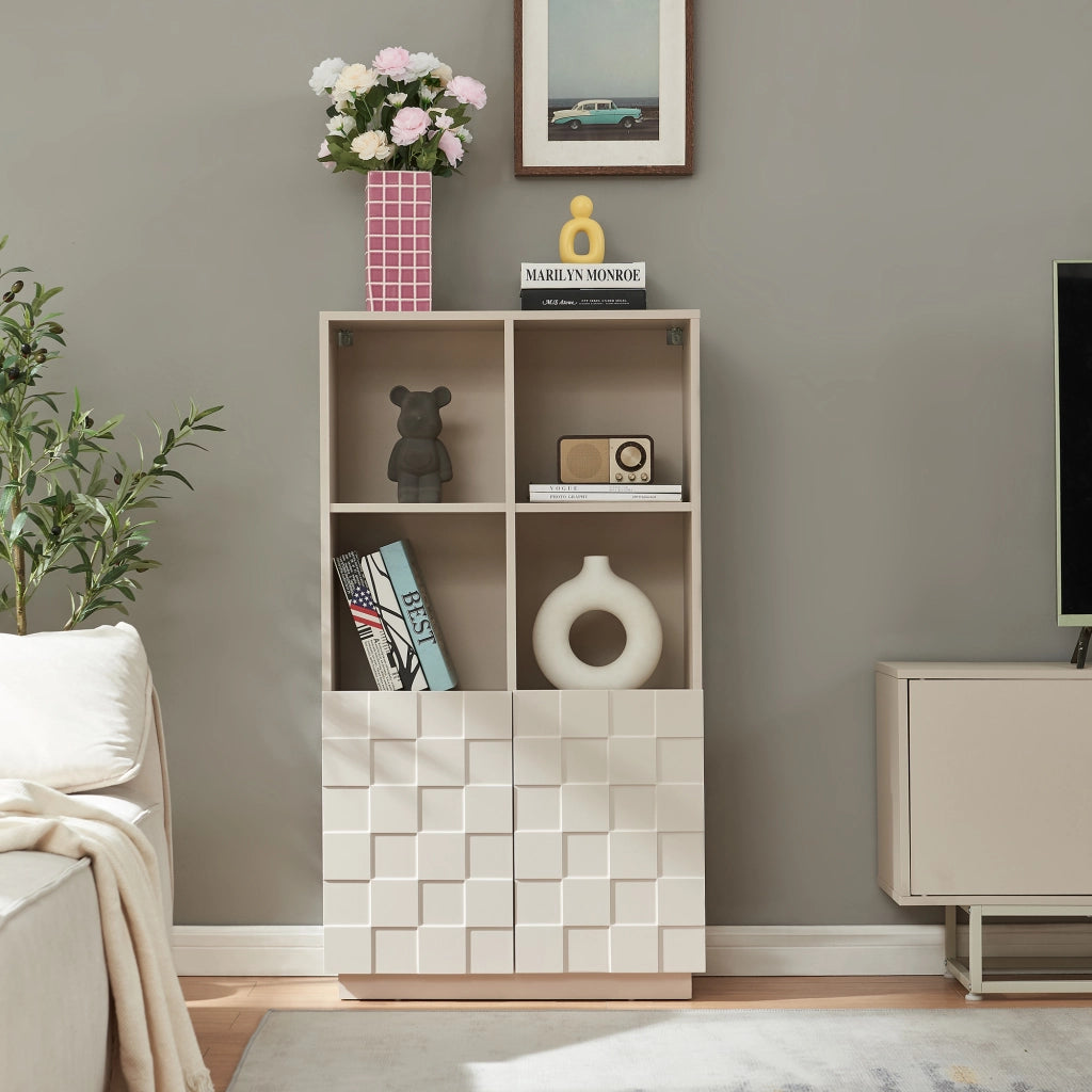 Armadio Comò Alto Bopibobro a 2 Ante Credenza con 4 Ripiani Aperti e 4 Vani Chiusi 118 x 64 x 30 cm - Beige [en.casa]