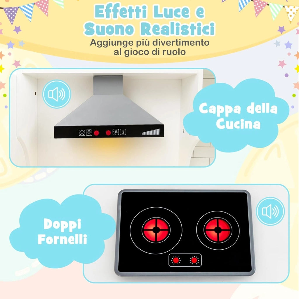 Set Gioco da Cucina per Bambini d'Angolo, Cucina Giocattolo in Legno con Macchina di Ghiaccio, Microonde, Lavatrice e Accessori, con Suoni e Luci, per Bambini 3-10 Anni (Bianco)
