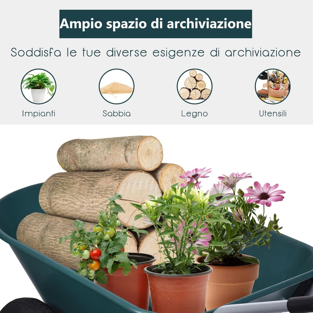 Carriola con 2 Ruote da Giardino, Carrello Resistente con Struttura in Acciaio Robusto, Ruote Pneumatiche 35,5 cm, Capacità 75L, Portata Max 100 kg (Verde)