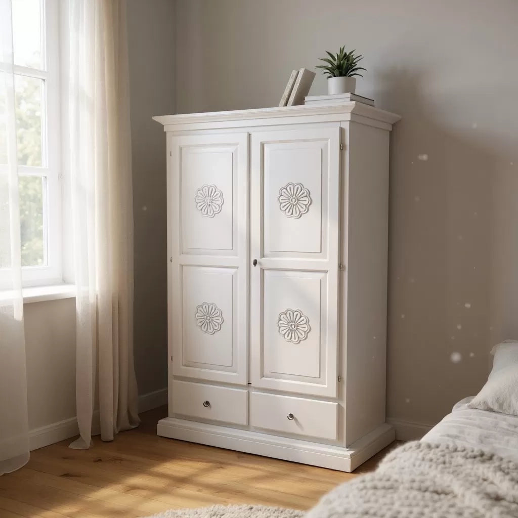 Armadio 2 porte legno shabby bianco con rosone 125x61x200 - Mobili 2G