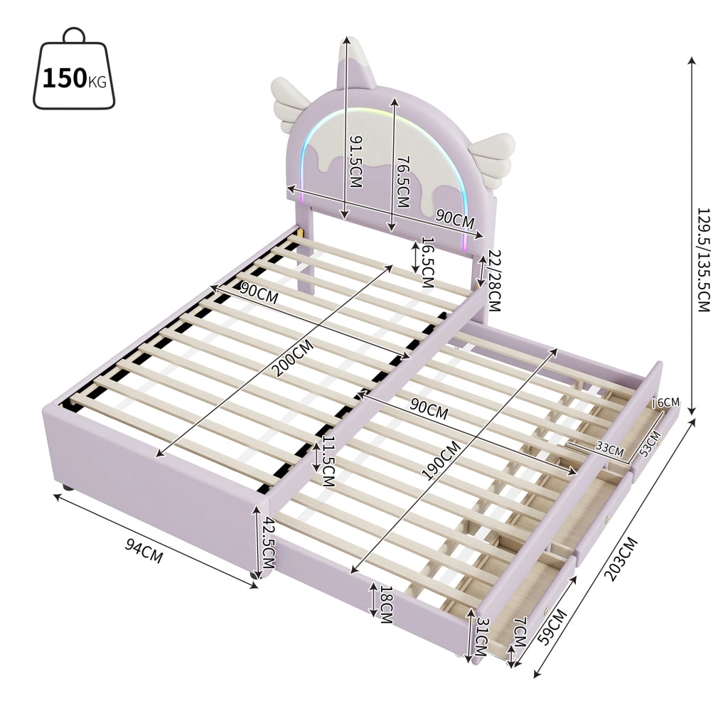 LETTO per bambini a forma di unicorno 90x200 cm PU viola con letto estraibile