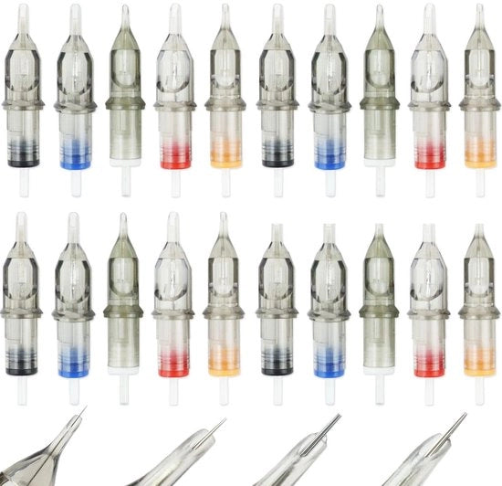 Cariche per Tatuaggio 20 Pezzi - Aghi da Smettere - Trucco Permanente - Penna Rotonda/Shader - Attrezzatura per Tatuaggio - Compatibile con Pennelli per Macchina