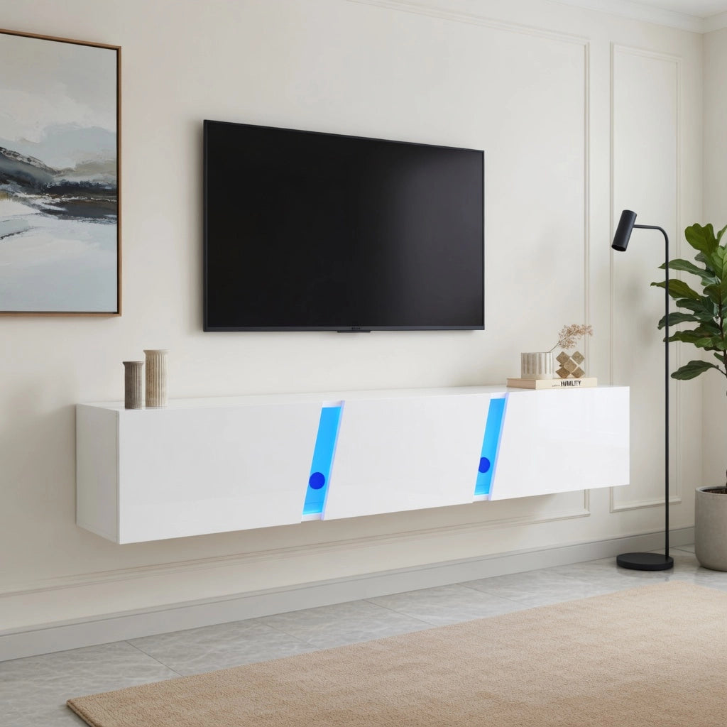 Cassettiera TV a muro bianca in truciolato; lunghezza 180 cm