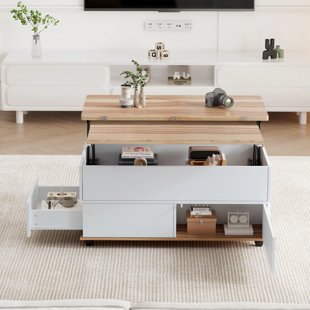 TAVOLO DA CAFFÈ Sollevabile 100 x 98 x 65 cm Bianco e Effetto Legno con Ruote
