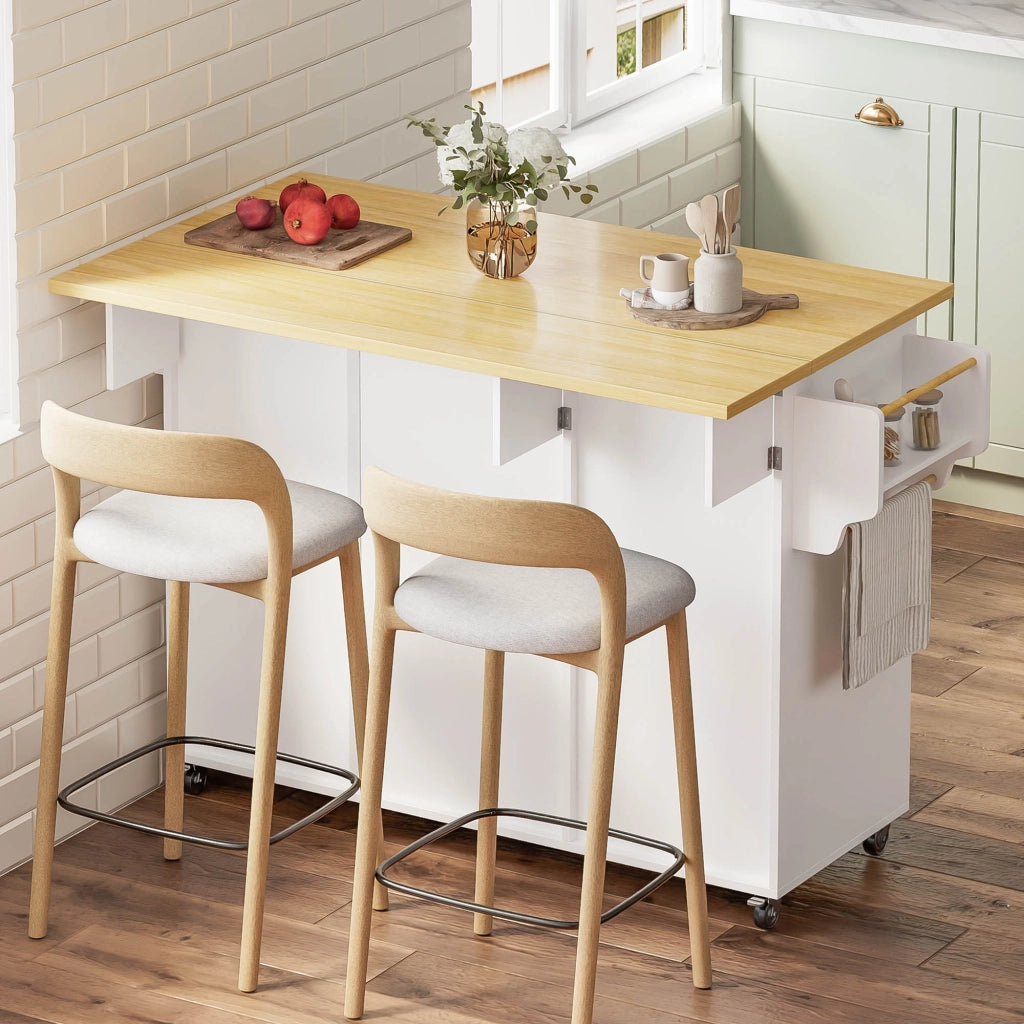 Isola cucina con piano ribaltabile, carrello con cassetto e spazio contenitivo, colore Natural e Bianco
